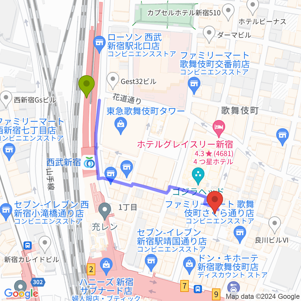 新宿DREAM STOREの最寄駅西武新宿駅からの徒歩ルート（約4分）地図