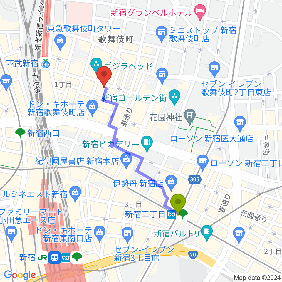 新宿三丁目駅から新宿DREAM STOREへのルートマップ地図