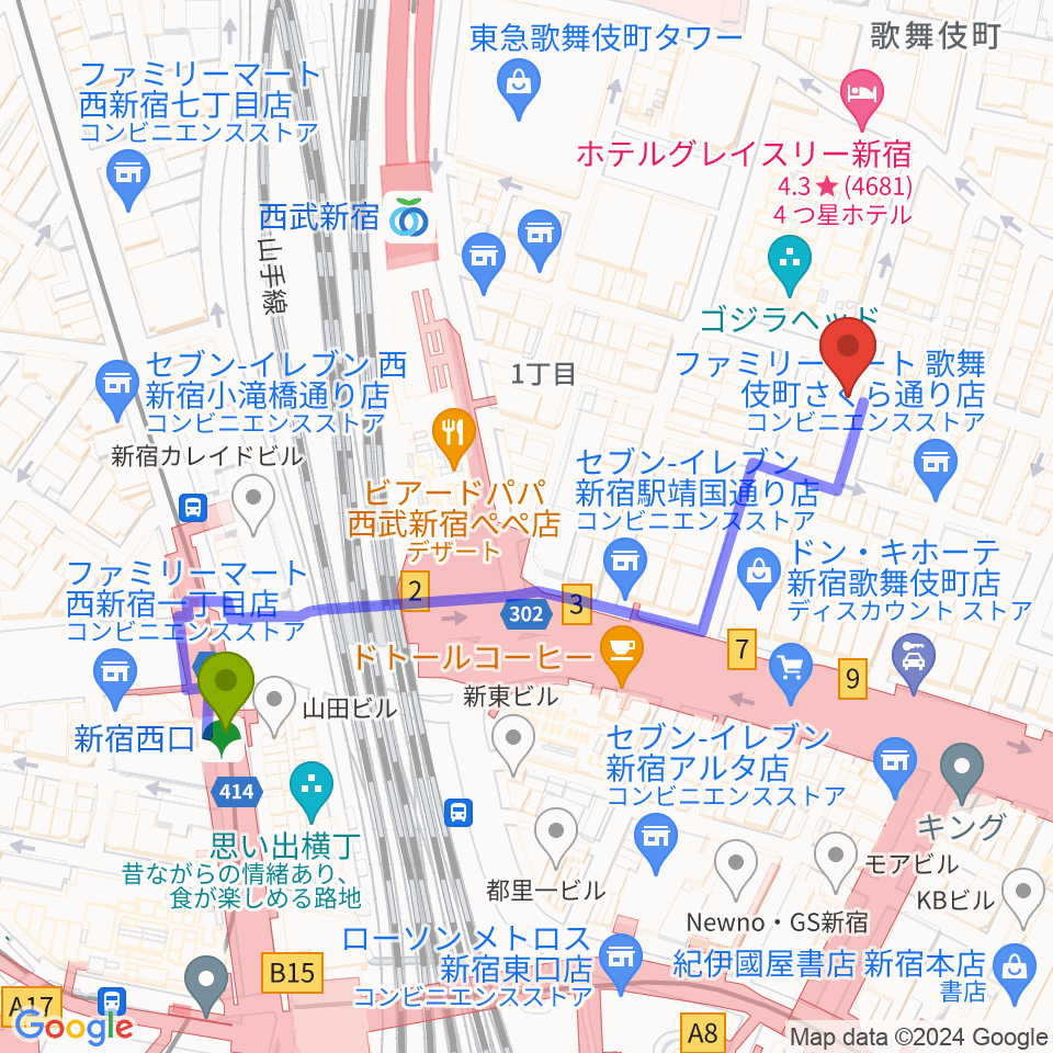 新宿西口駅から新宿DREAM STOREへのルートマップ地図