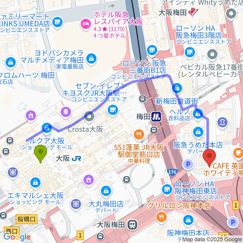 阪急うめだホールの最寄駅大阪駅からの徒歩ルート（約5分）地図