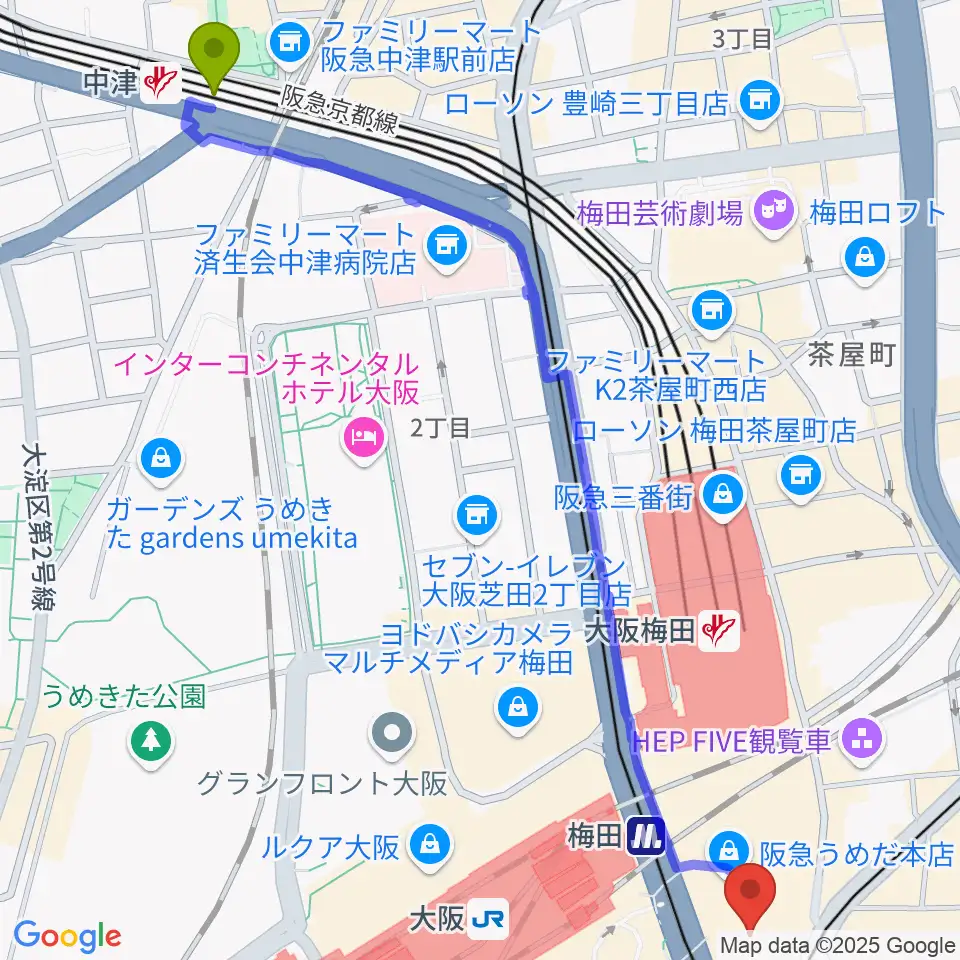 中津駅から阪急うめだホールへのルートマップ地図