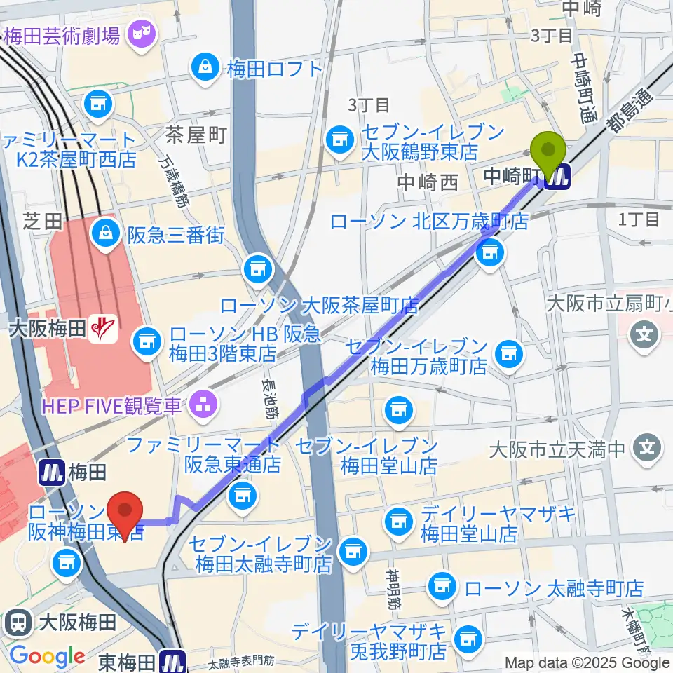 中崎町駅から阪急うめだホールへのルートマップ地図