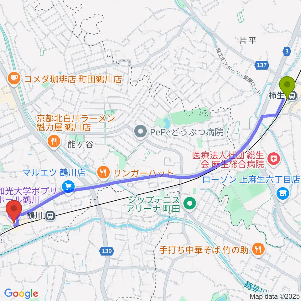 柿生駅から和光大学ポプリホール鶴川へのルートマップ地図