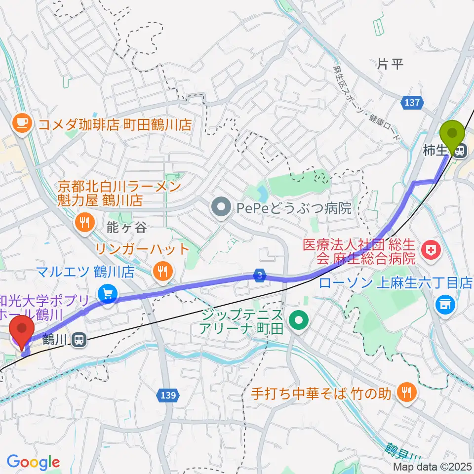 柿生駅から和光大学ポプリホール鶴川へのルートマップ地図