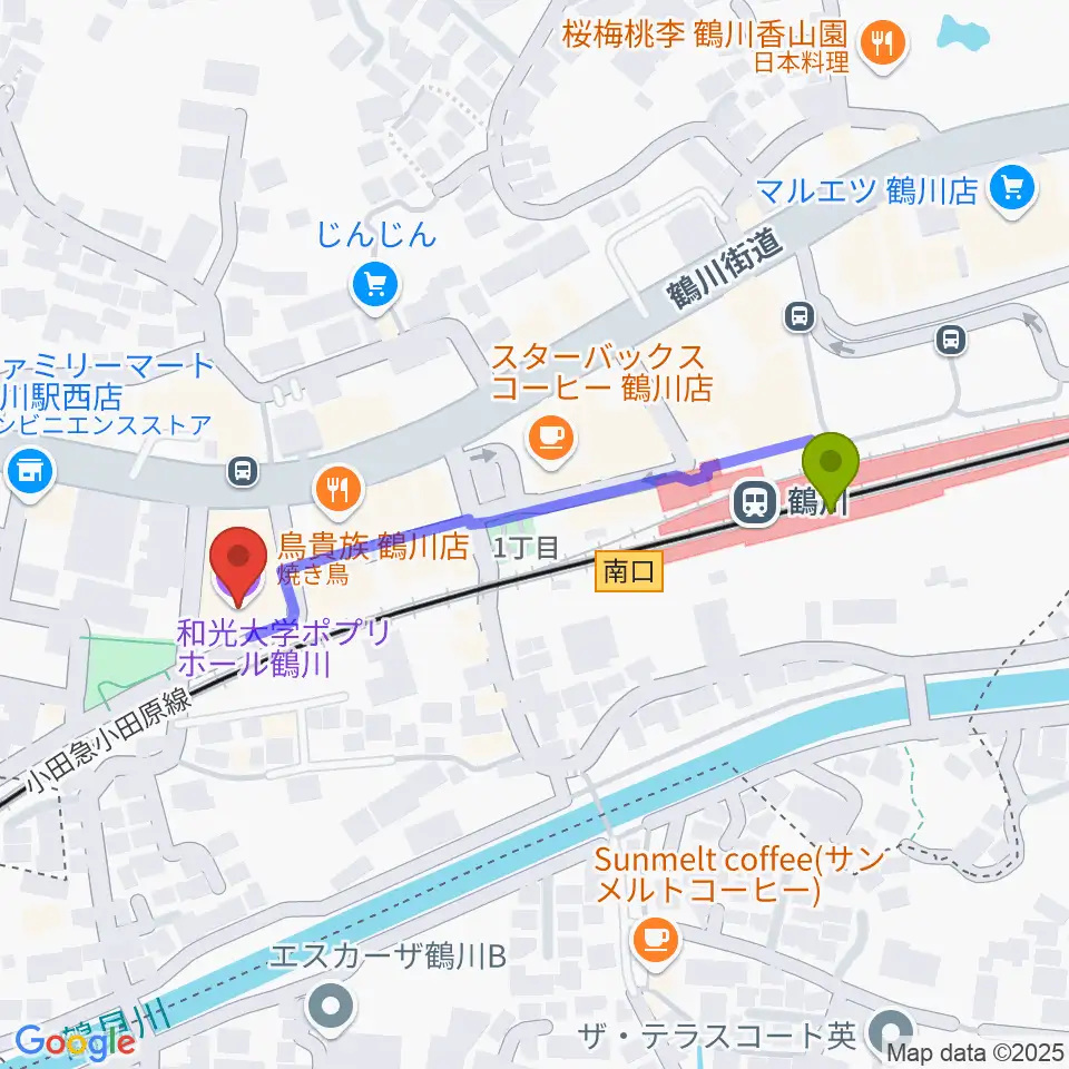 和光大学ポプリホール鶴川の最寄駅鶴川駅からの徒歩ルート（約4分）地図