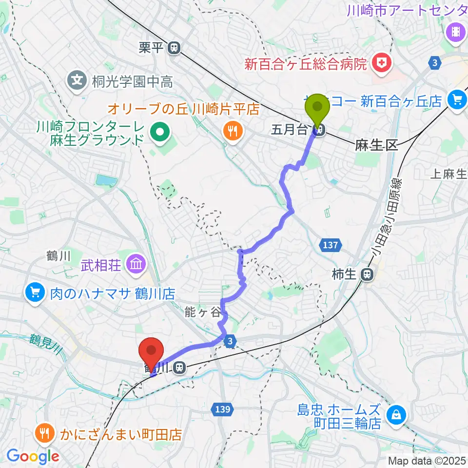 五月台駅から和光大学ポプリホール鶴川へのルートマップ地図