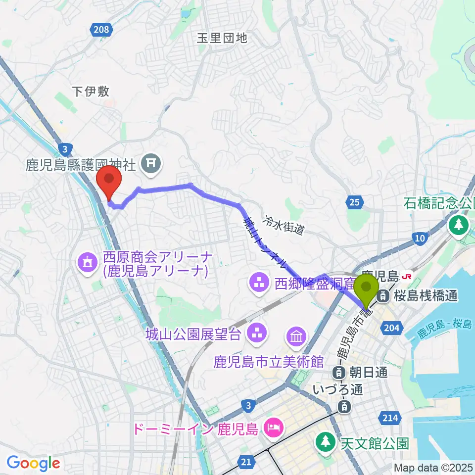 水族館口駅から中央楽器へのルートマップ地図