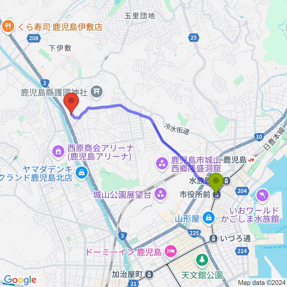 鹿児島 中央楽器の最寄駅市役所前駅からの徒歩ルート（約38分）地図