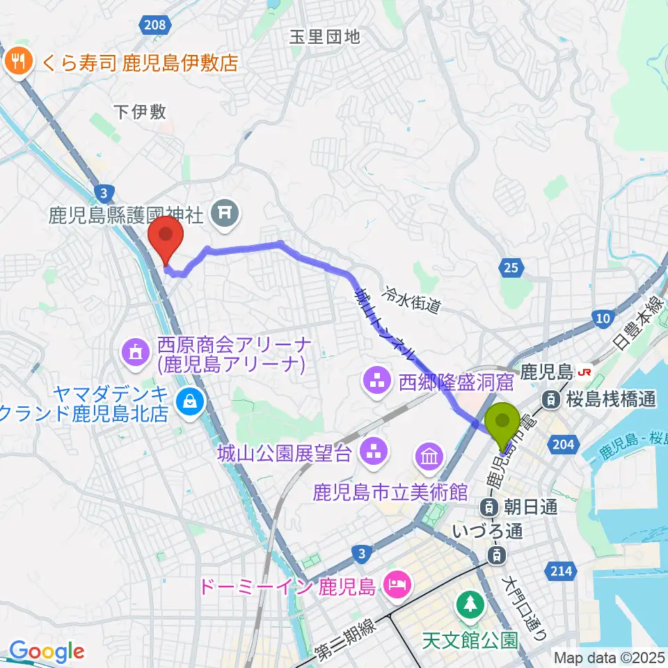 中央楽器の最寄駅市役所前駅からの徒歩ルート（約38分）地図