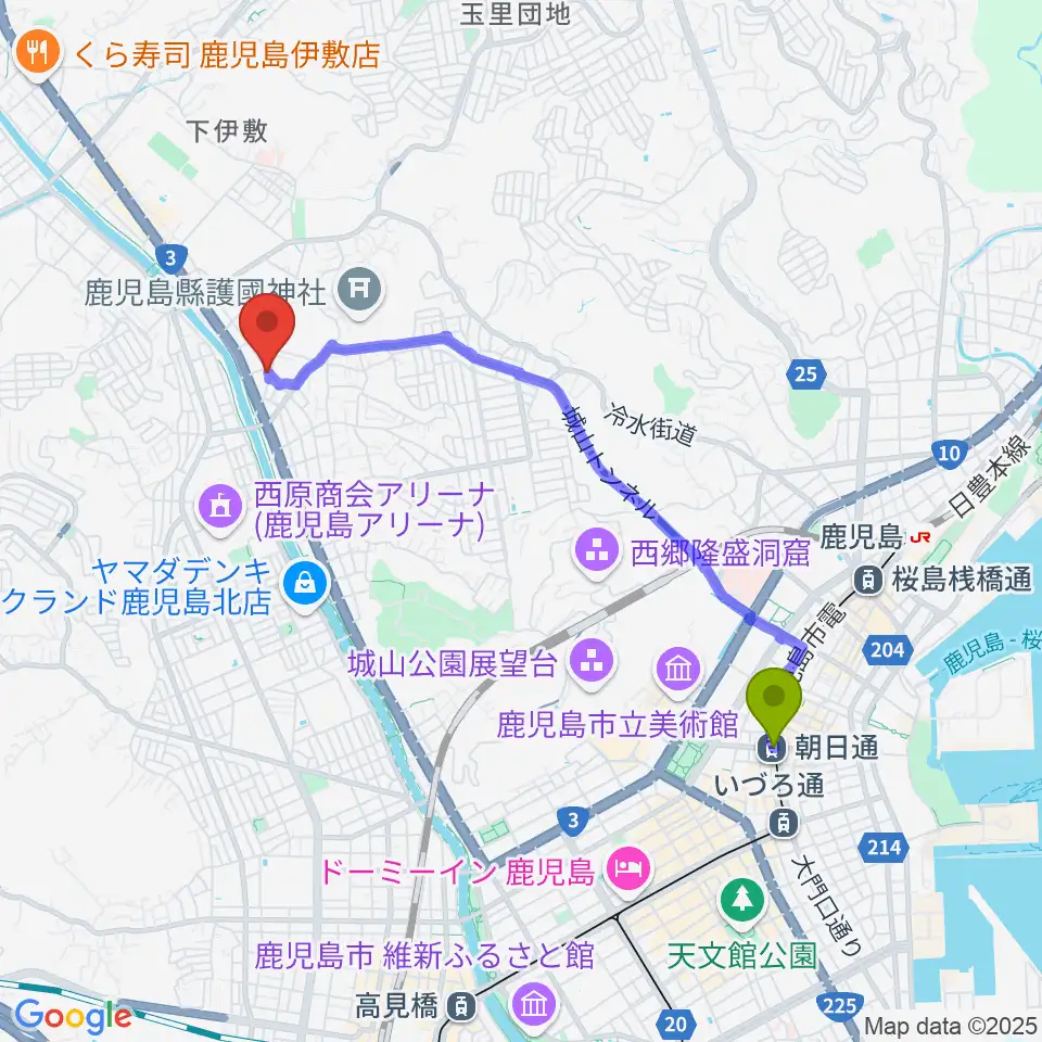 朝日通駅から中央楽器へのルートマップ地図