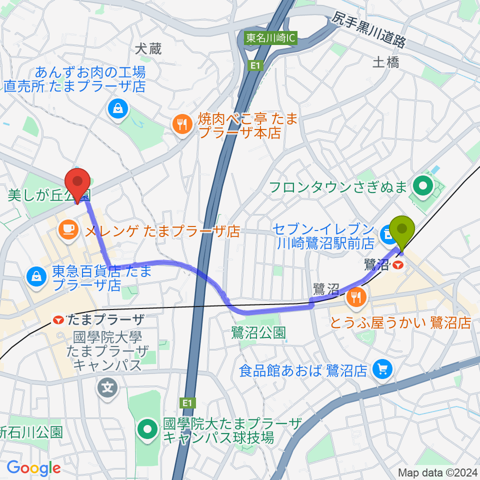 鷺沼駅からたまプラーザ STUDIO21へのルートマップ地図