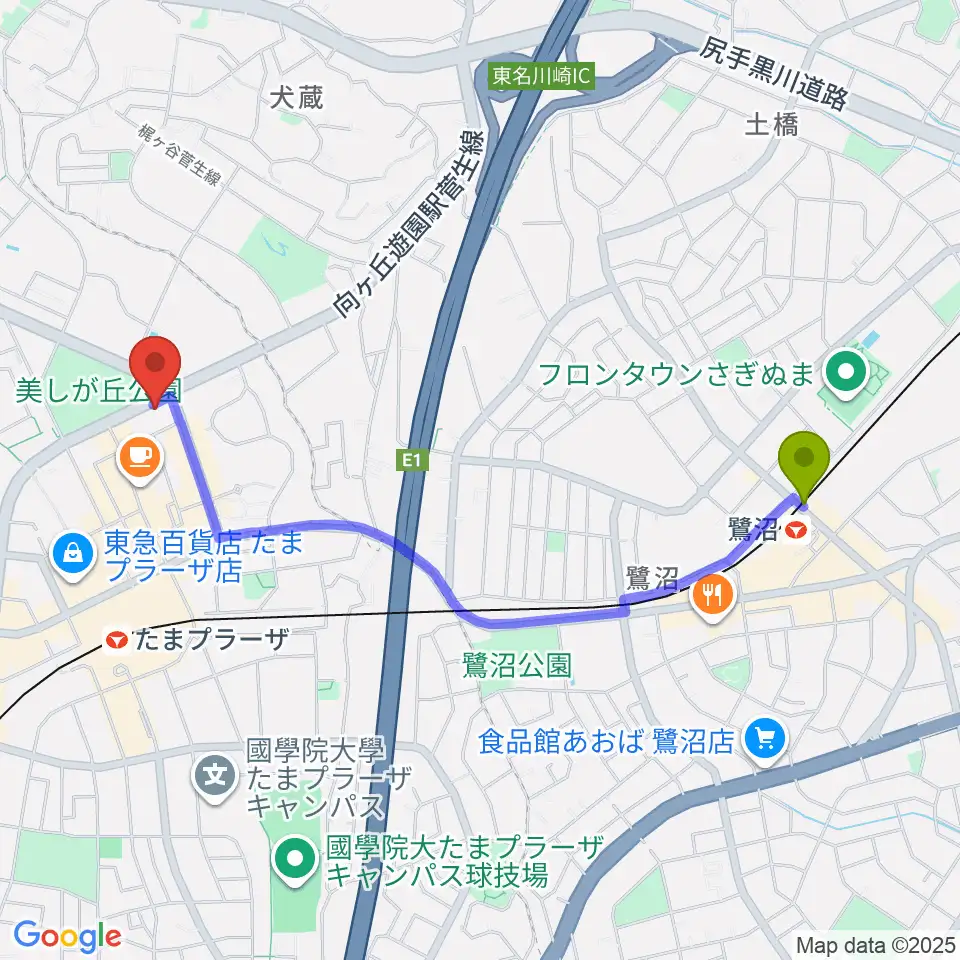 鷺沼駅からたまプラーザ STUDIO21へのルートマップ地図