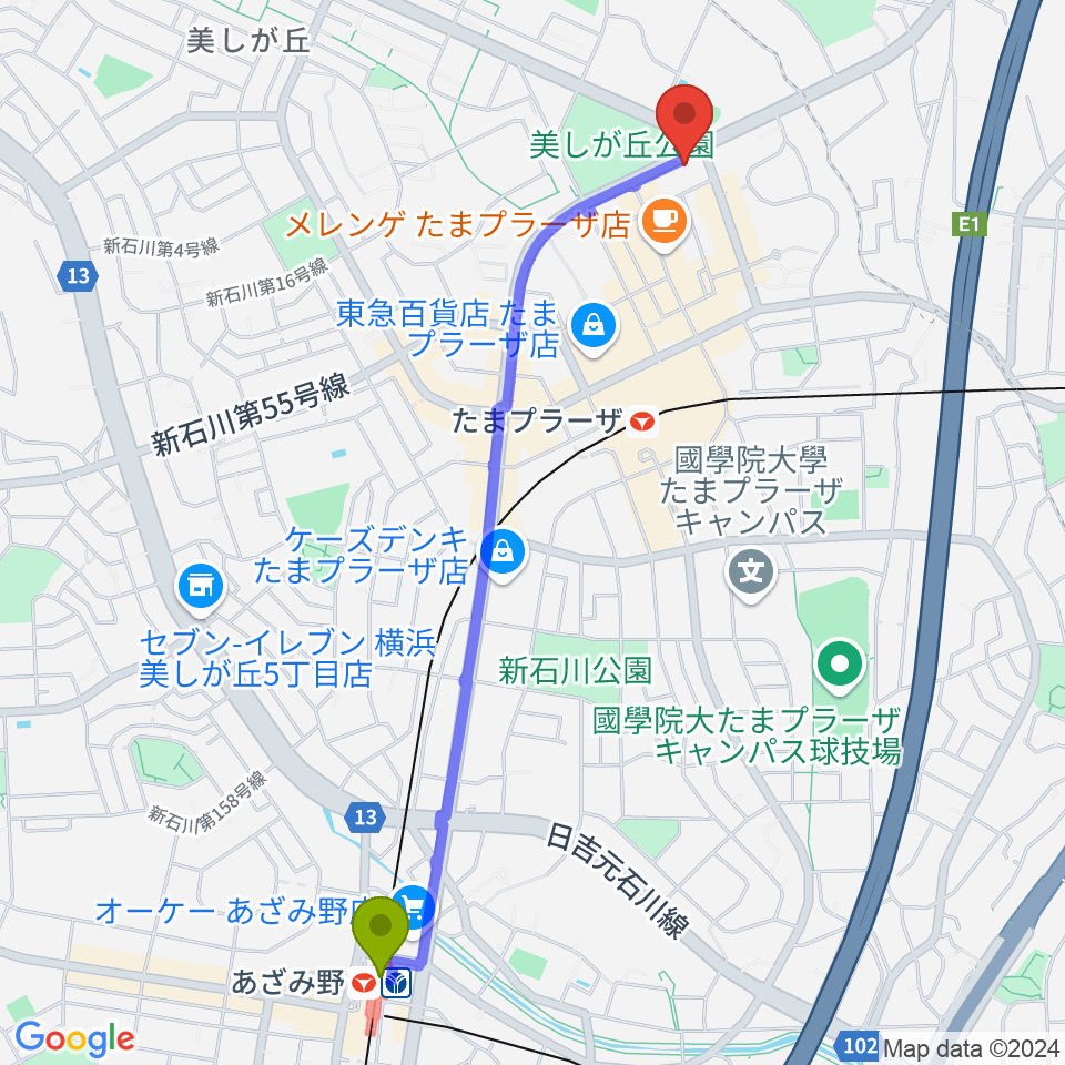 あざみ野駅からたまプラーザ STUDIO21へのルートマップ地図