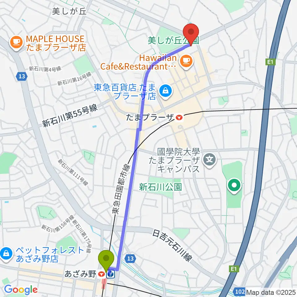 あざみ野駅からたまプラーザ STUDIO21へのルートマップ地図