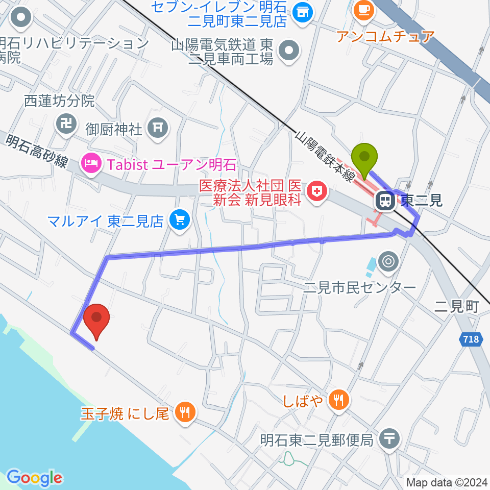 仁科カオルギター教室の最寄駅東二見駅からの徒歩ルート（約10分）地図