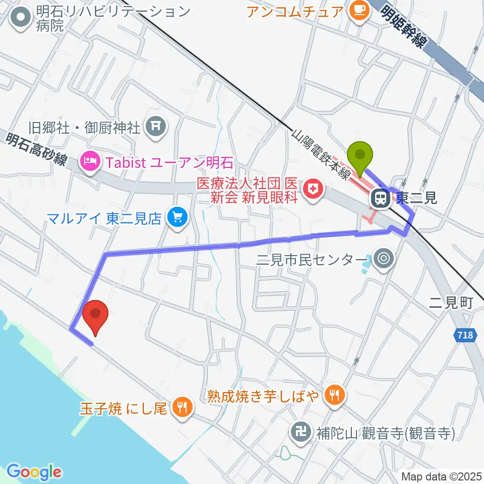 仁科カオルギター教室の最寄駅東二見駅からの徒歩ルート（約10分）地図