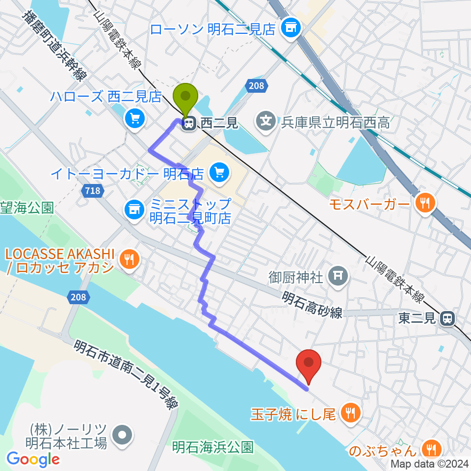 西二見駅から仁科カオルギター教室へのルートマップ地図