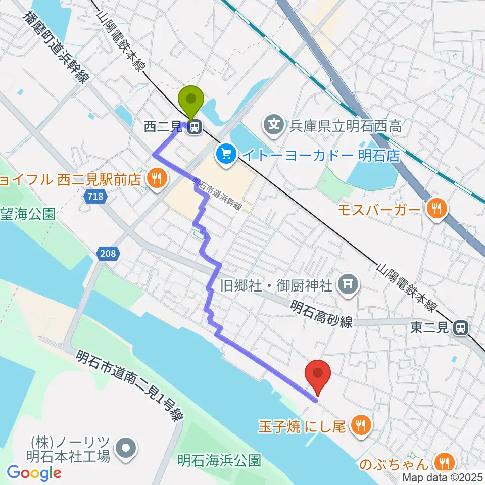 西二見駅から仁科カオルギター教室へのルートマップ地図