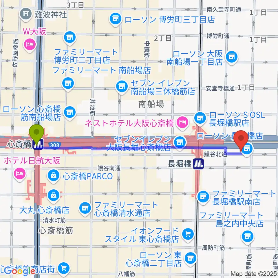 心斎橋駅から長堀橋WAXXへのルートマップ地図