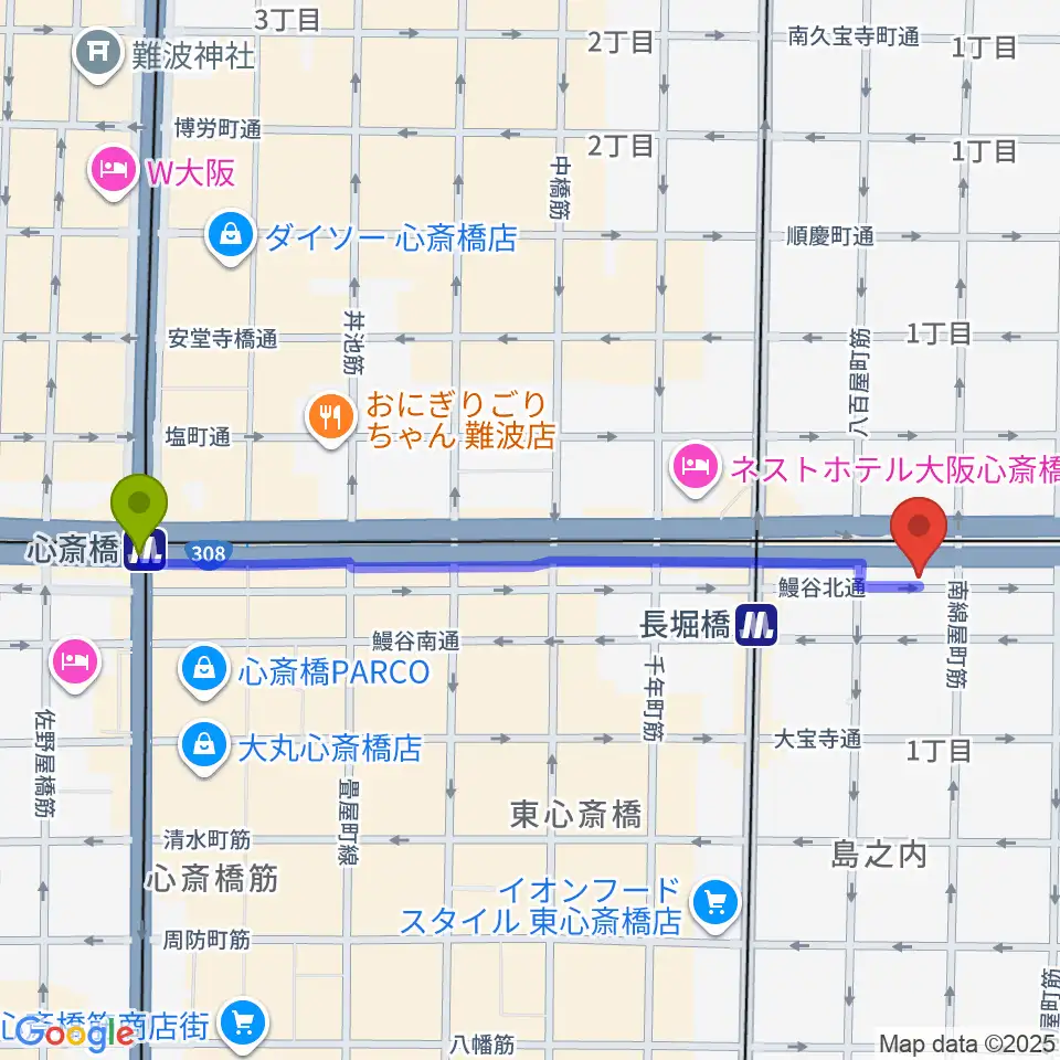 心斎橋駅から長堀橋WAXXへのルートマップ地図