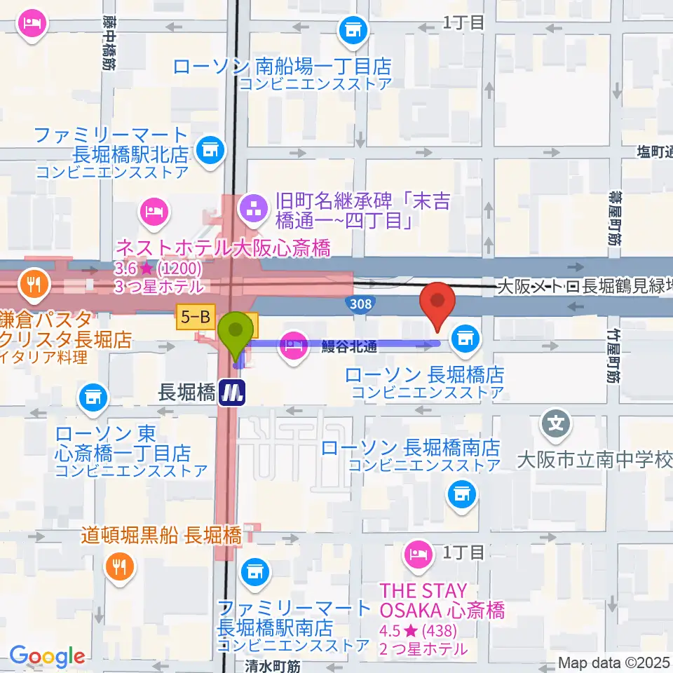 長堀橋WAXXの最寄駅長堀橋駅からの徒歩ルート（約2分）地図