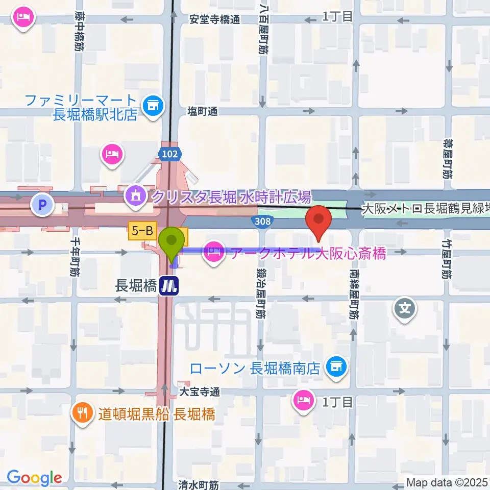 長堀橋WAXXの最寄駅長堀橋駅からの徒歩ルート（約2分）地図