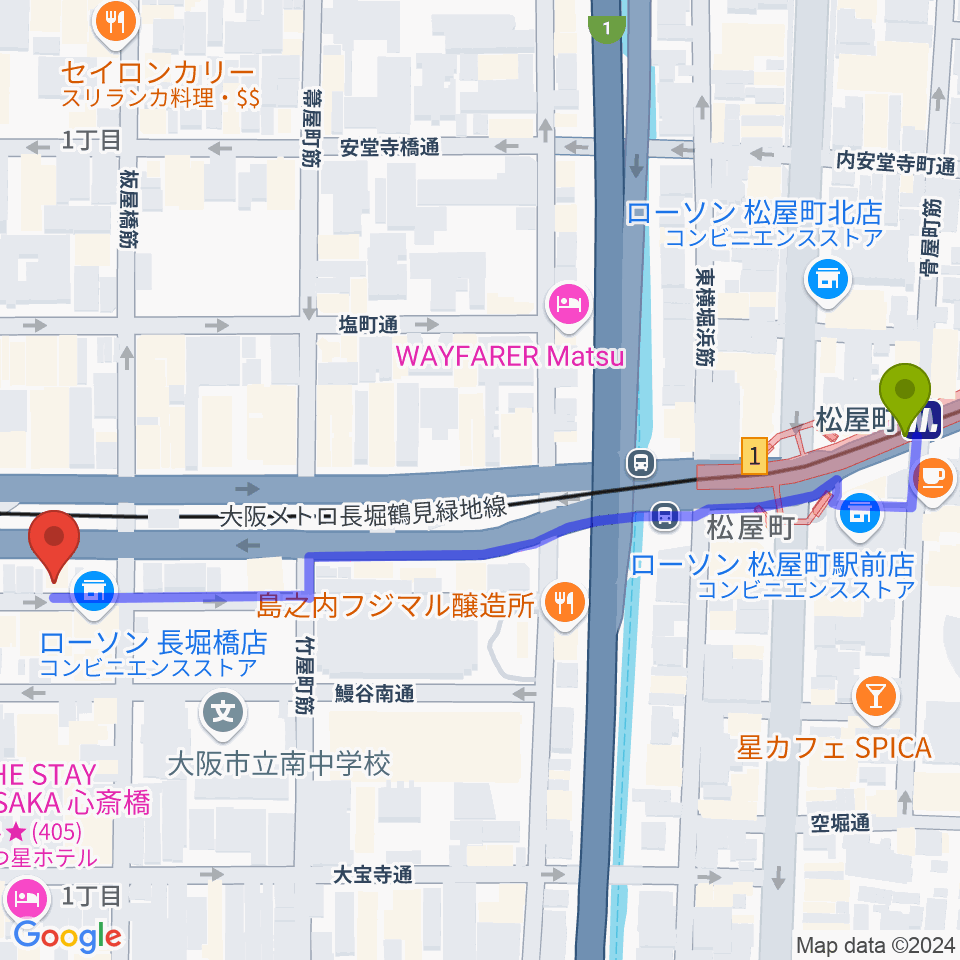 松屋町駅から長堀橋WAXXへのルートマップ地図