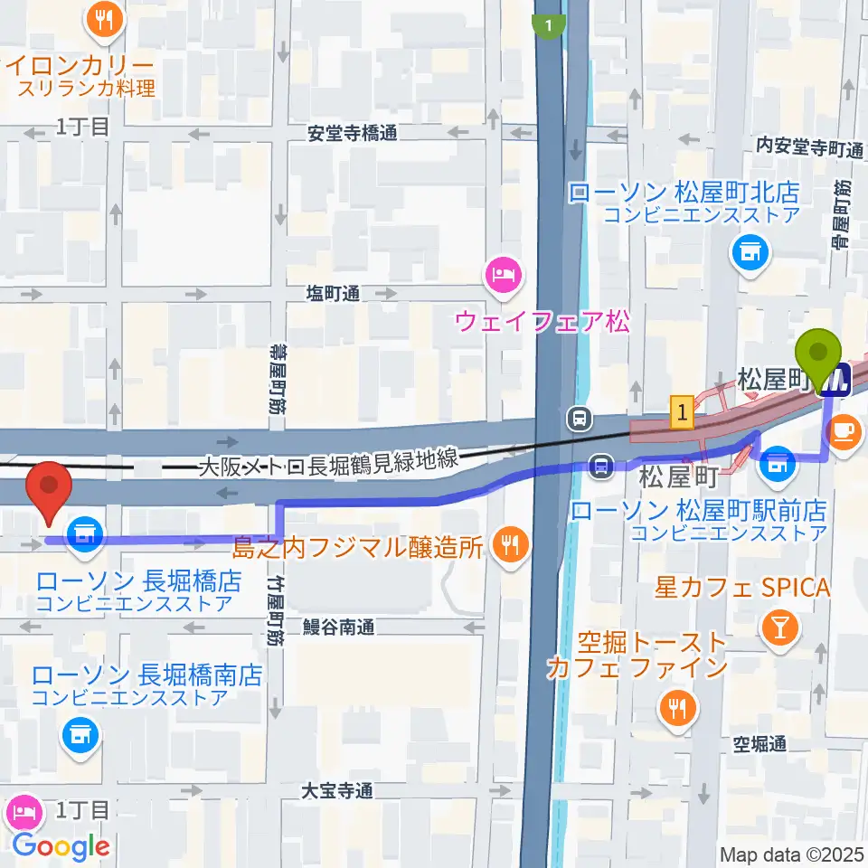 松屋町駅から長堀橋WAXXへのルートマップ地図