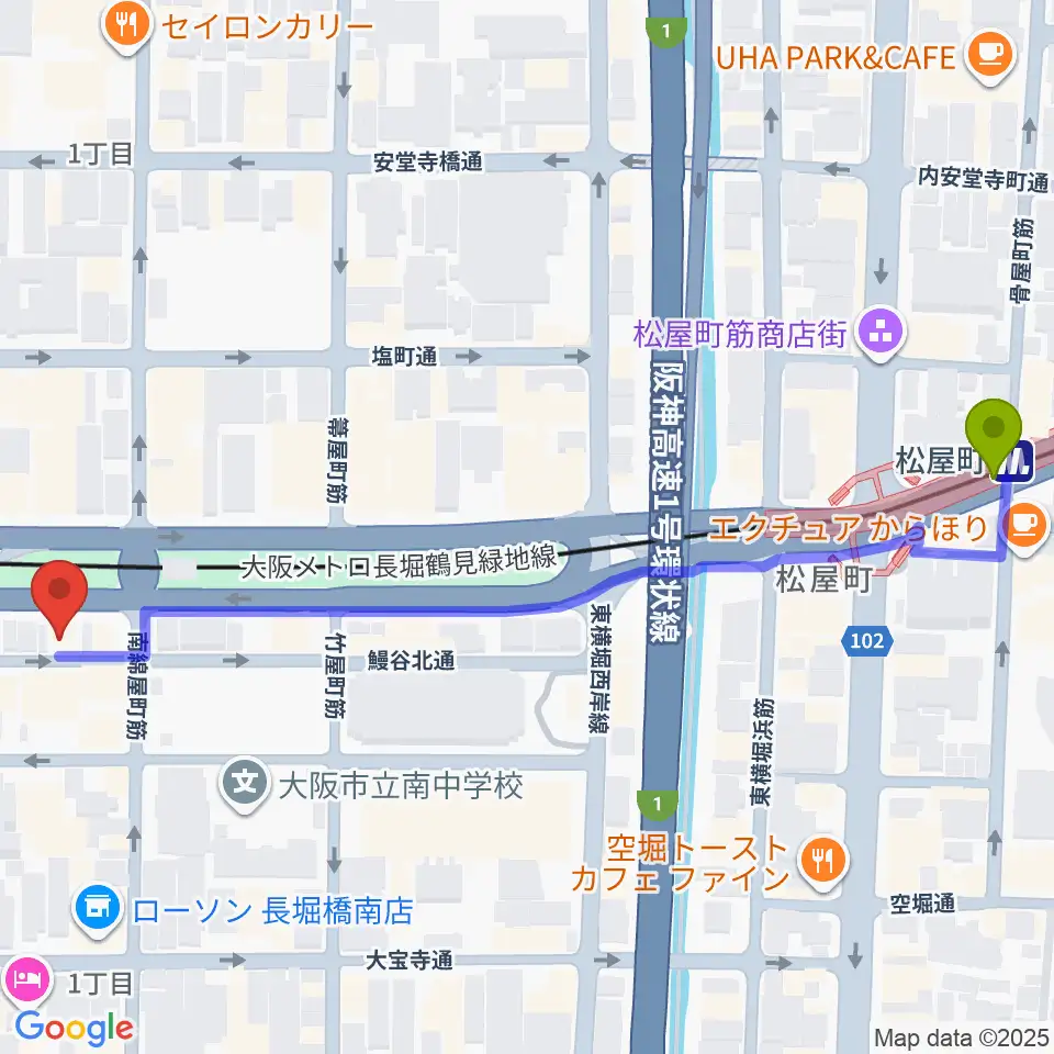 松屋町駅から長堀橋WAXXへのルートマップ地図