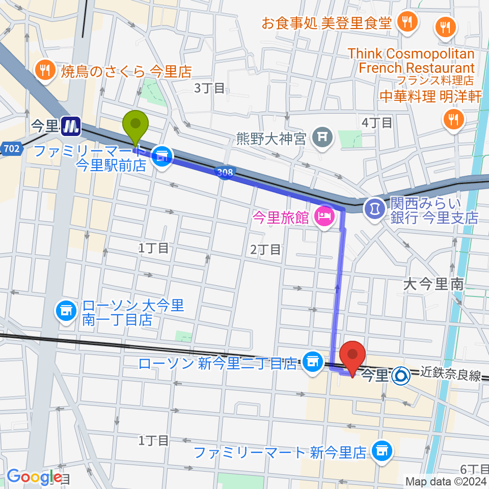 今里駅から今里ザットフォーへのルートマップ地図