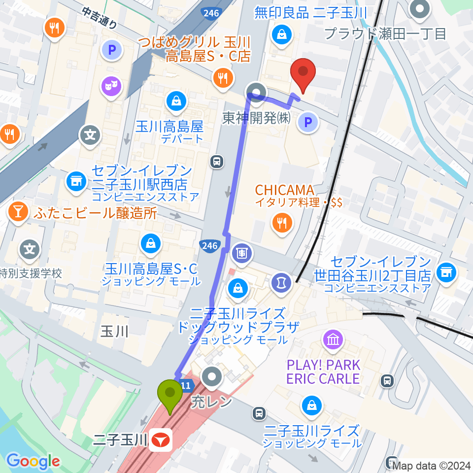 東京音実劇場の最寄駅二子玉川駅からの徒歩ルート（約6分）地図