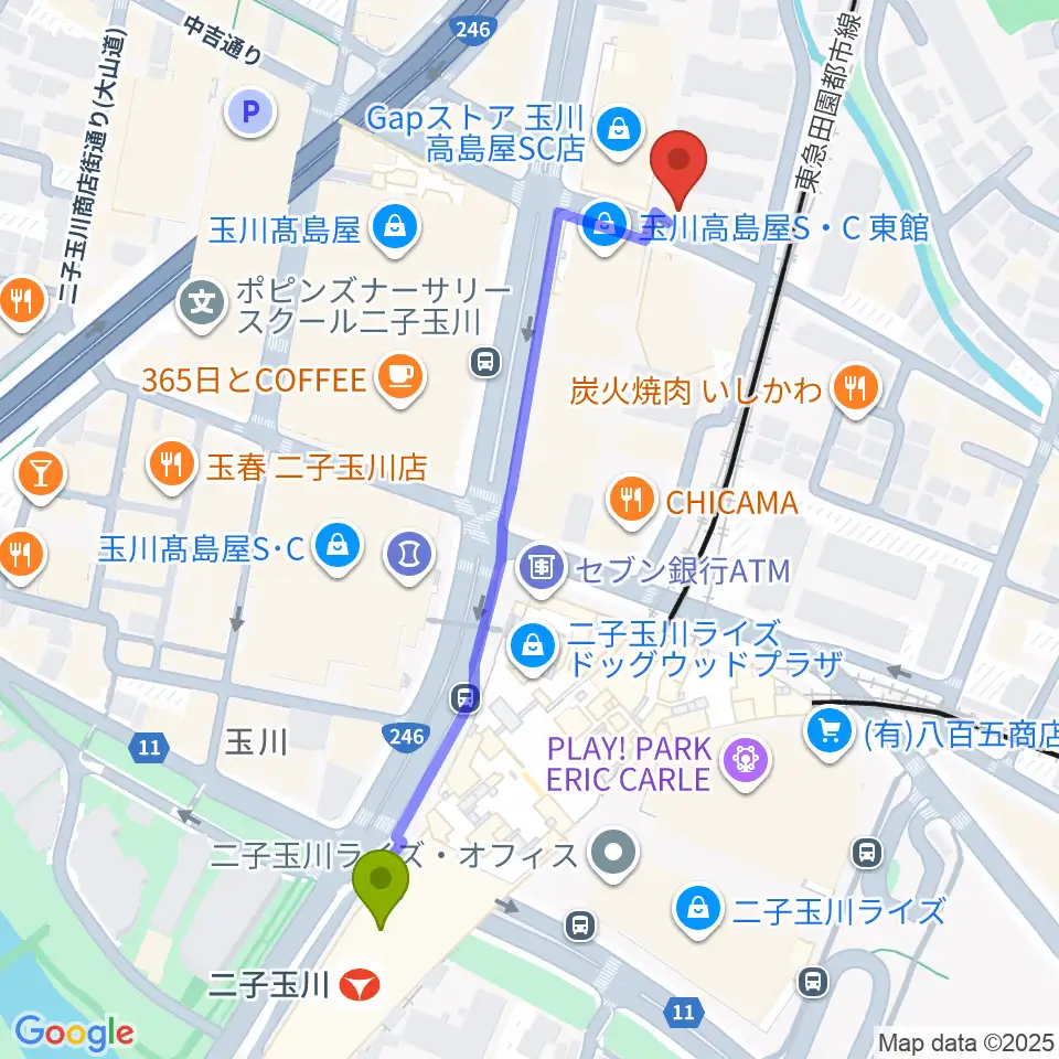 東京音実劇場の最寄駅二子玉川駅からの徒歩ルート（約6分）地図
