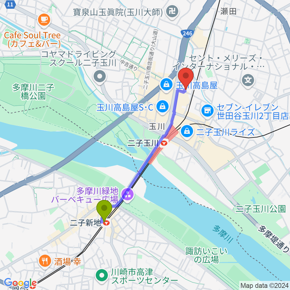 二子新地駅から東京音実劇場へのルートマップ地図