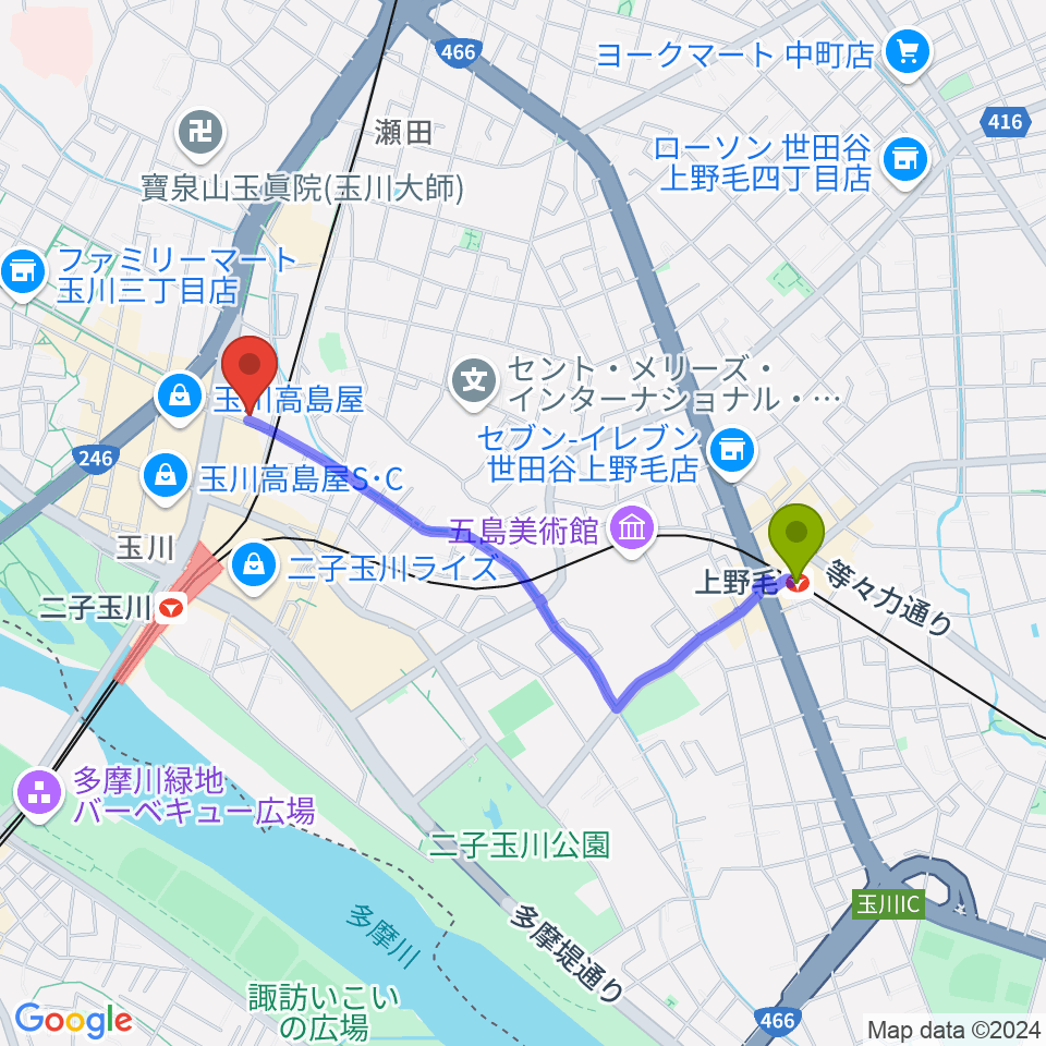 上野毛駅から東京音実劇場へのルートマップ地図