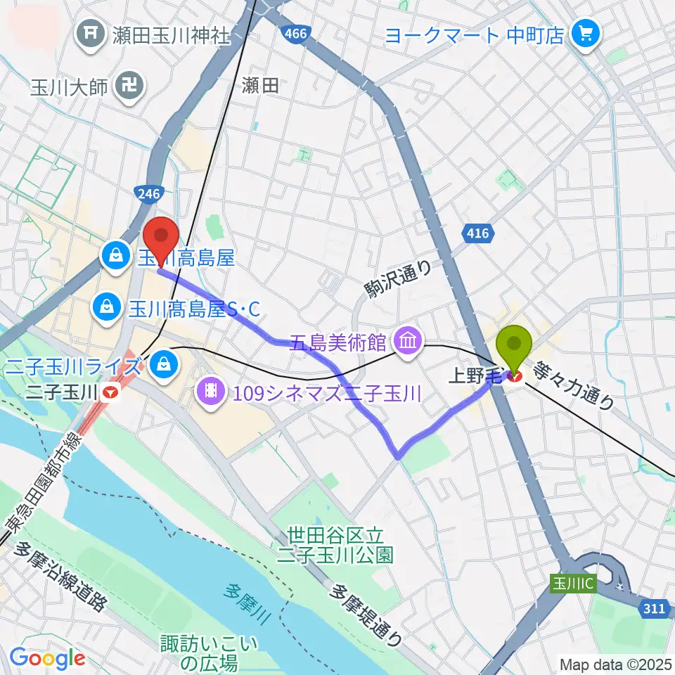 上野毛駅から東京音実劇場へのルートマップ地図