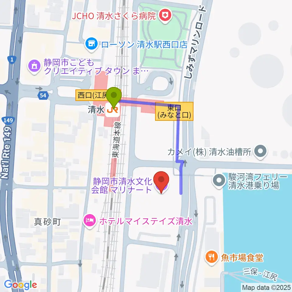 清水文化会館マリナートの最寄駅清水駅からの徒歩ルート（約3分）地図