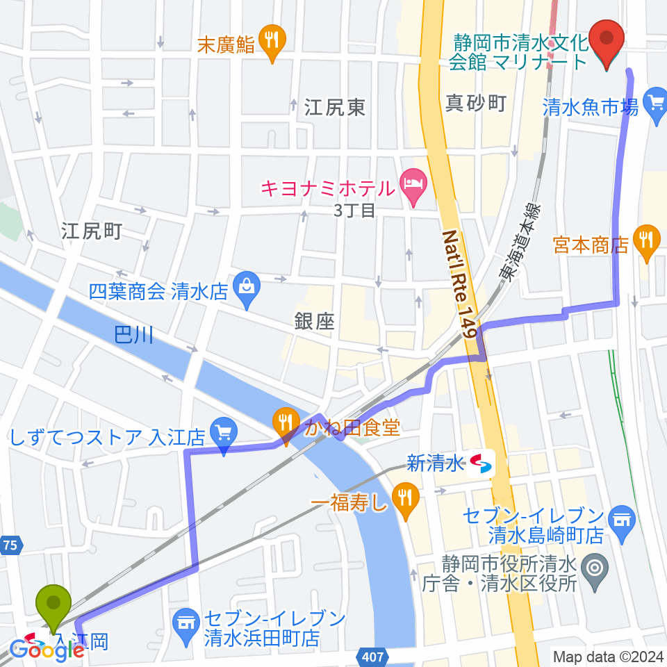 入江岡駅から清水文化会館マリナートへのルートマップ地図