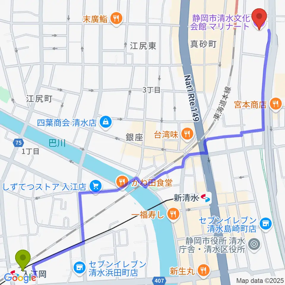 入江岡駅から清水文化会館マリナートへのルートマップ地図