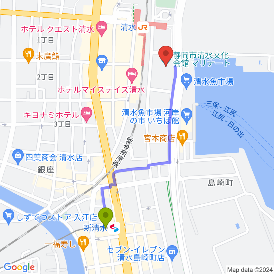 新清水駅から清水文化会館マリナートへのルートマップ地図