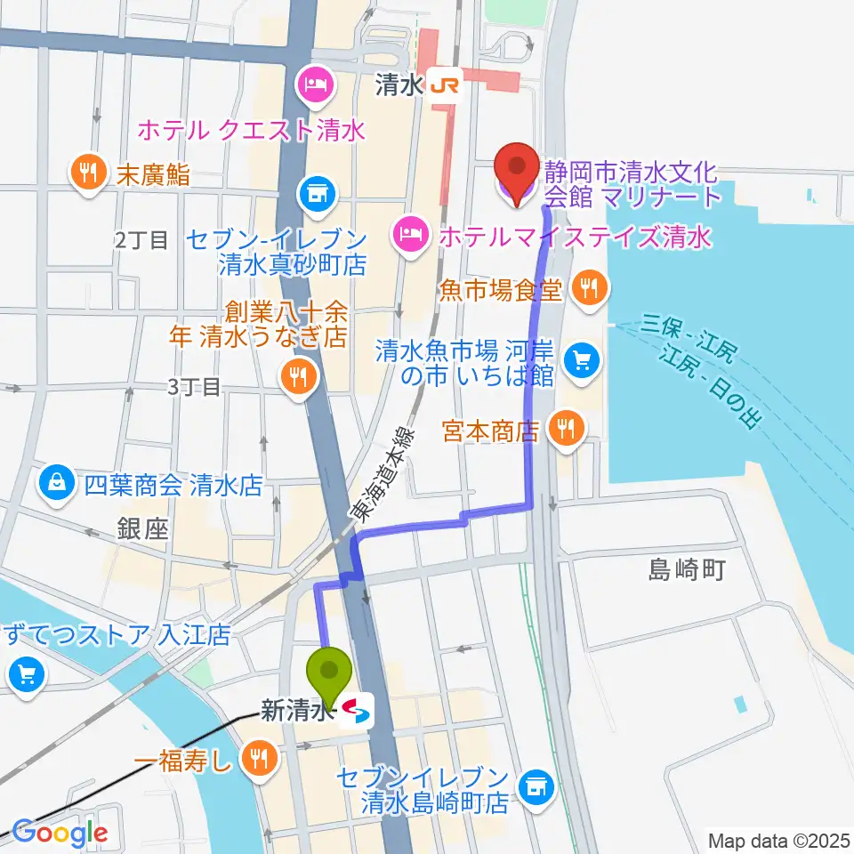 新清水駅から清水文化会館マリナートへのルートマップ地図