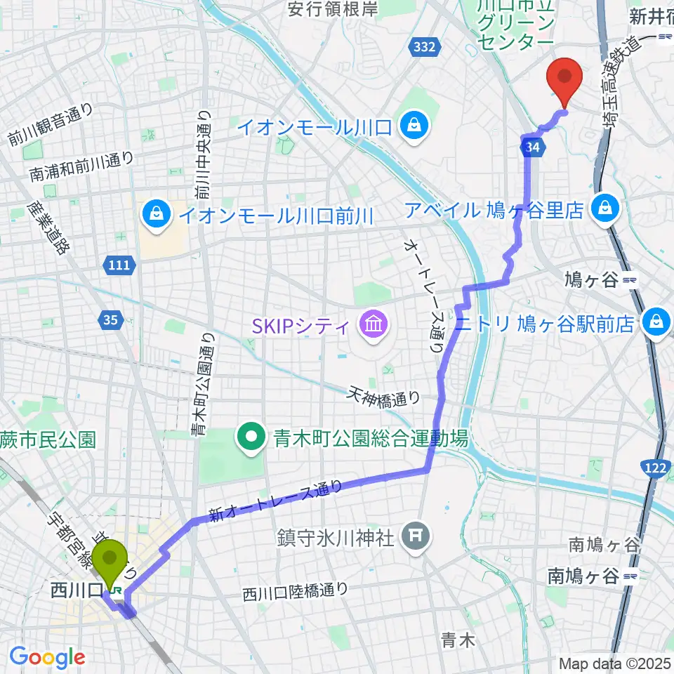 西川口駅からクラシカルスタジオ カルーソへのルートマップ地図