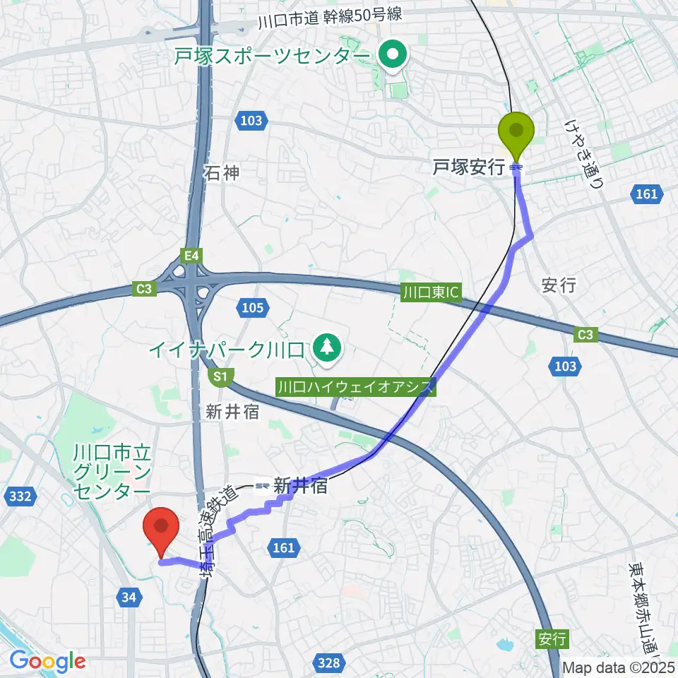戸塚安行駅からクラシカルスタジオ カルーソへのルートマップ地図