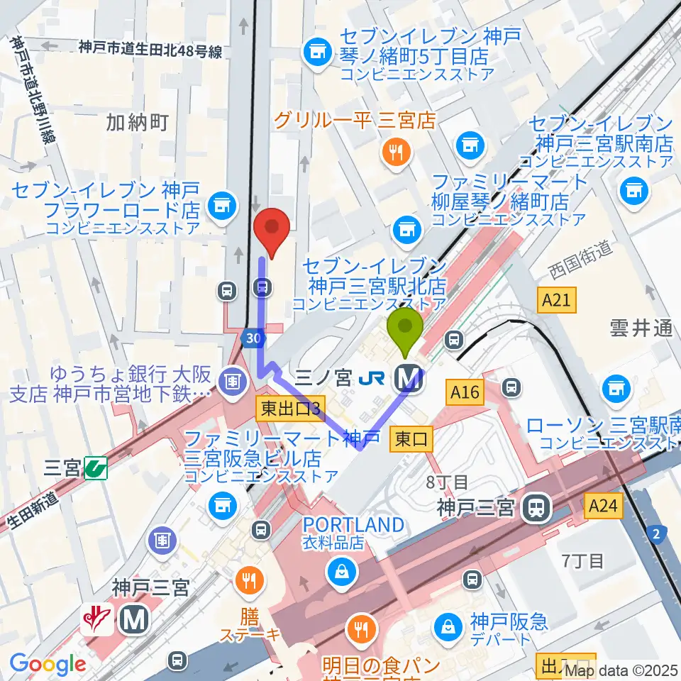 サウンド・トアの最寄駅三ノ宮駅からの徒歩ルート（約2分）地図