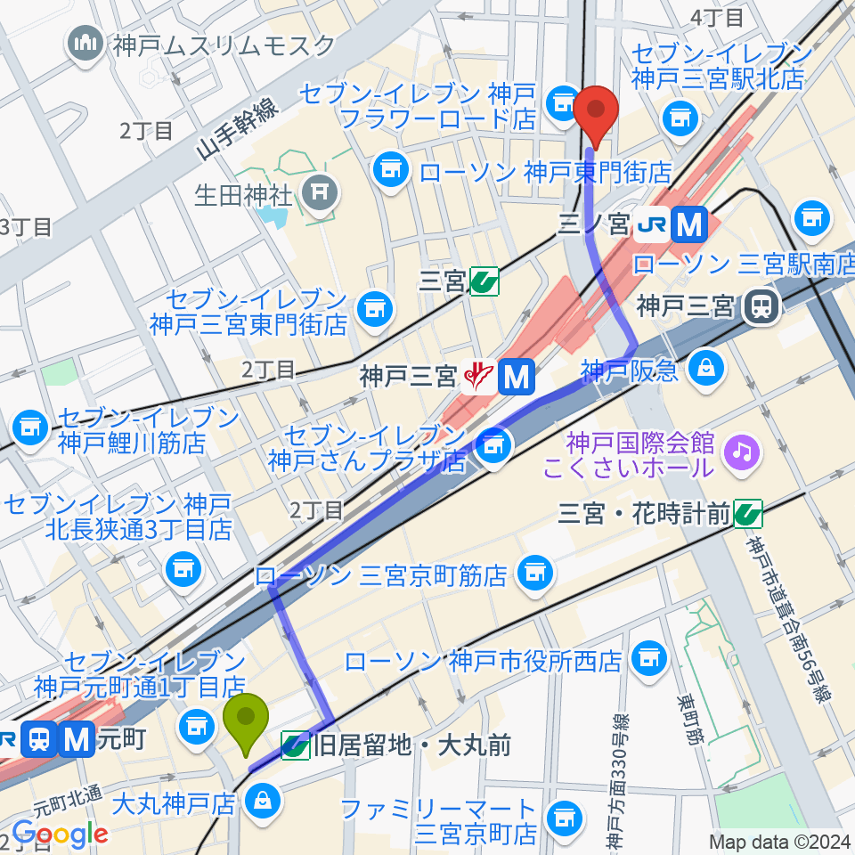 旧居留地・大丸前駅からサウンド・トアへのルートマップ地図