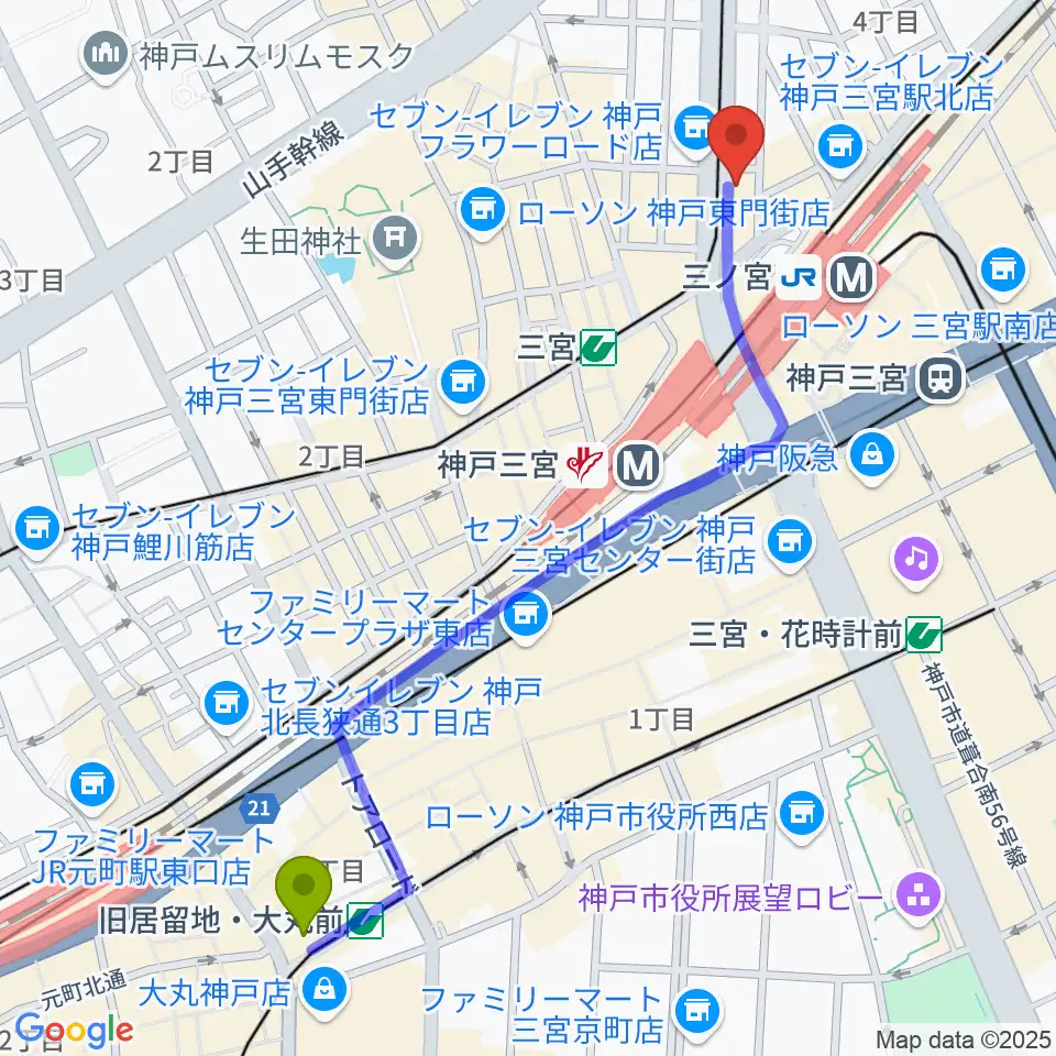 旧居留地・大丸前駅からサウンド・トアへのルートマップ地図