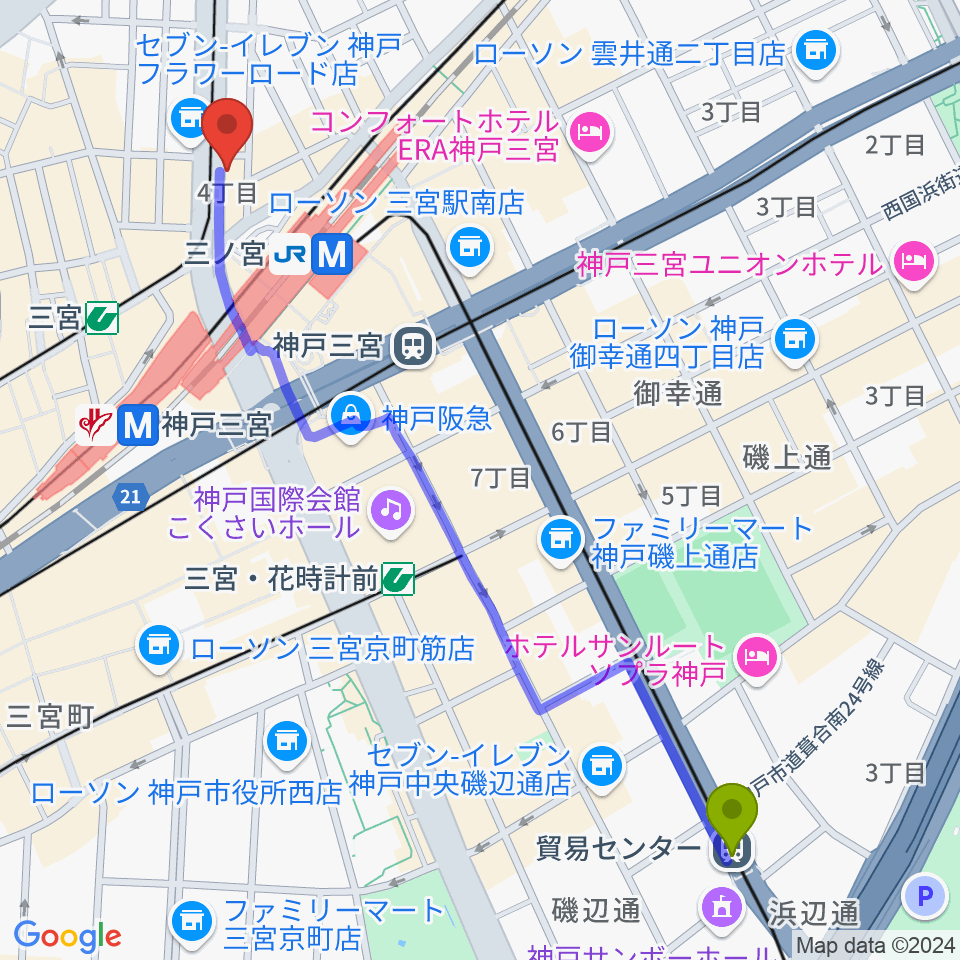 貿易センター駅からサウンド・トアへのルートマップ地図