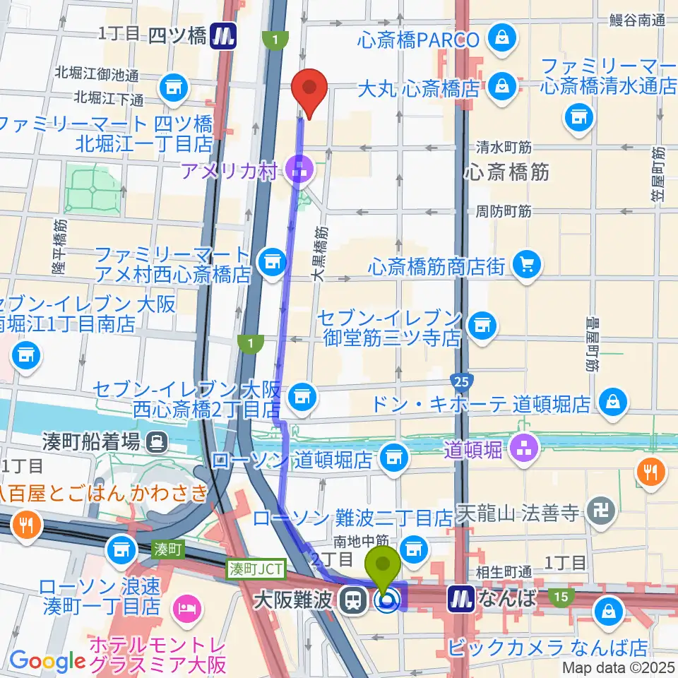 大阪難波駅から心斎橋club Circusへのルートマップ Mdata