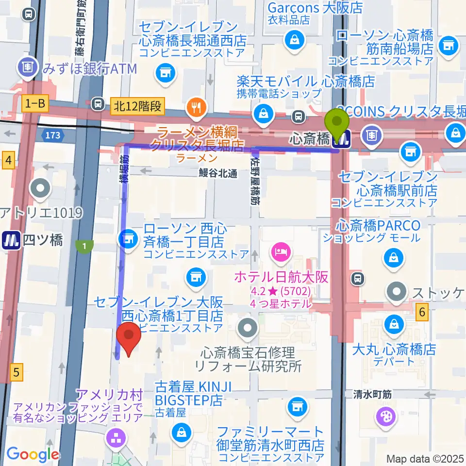 心斎橋駅から心斎橋club Circusへのルートマップ Mdata
