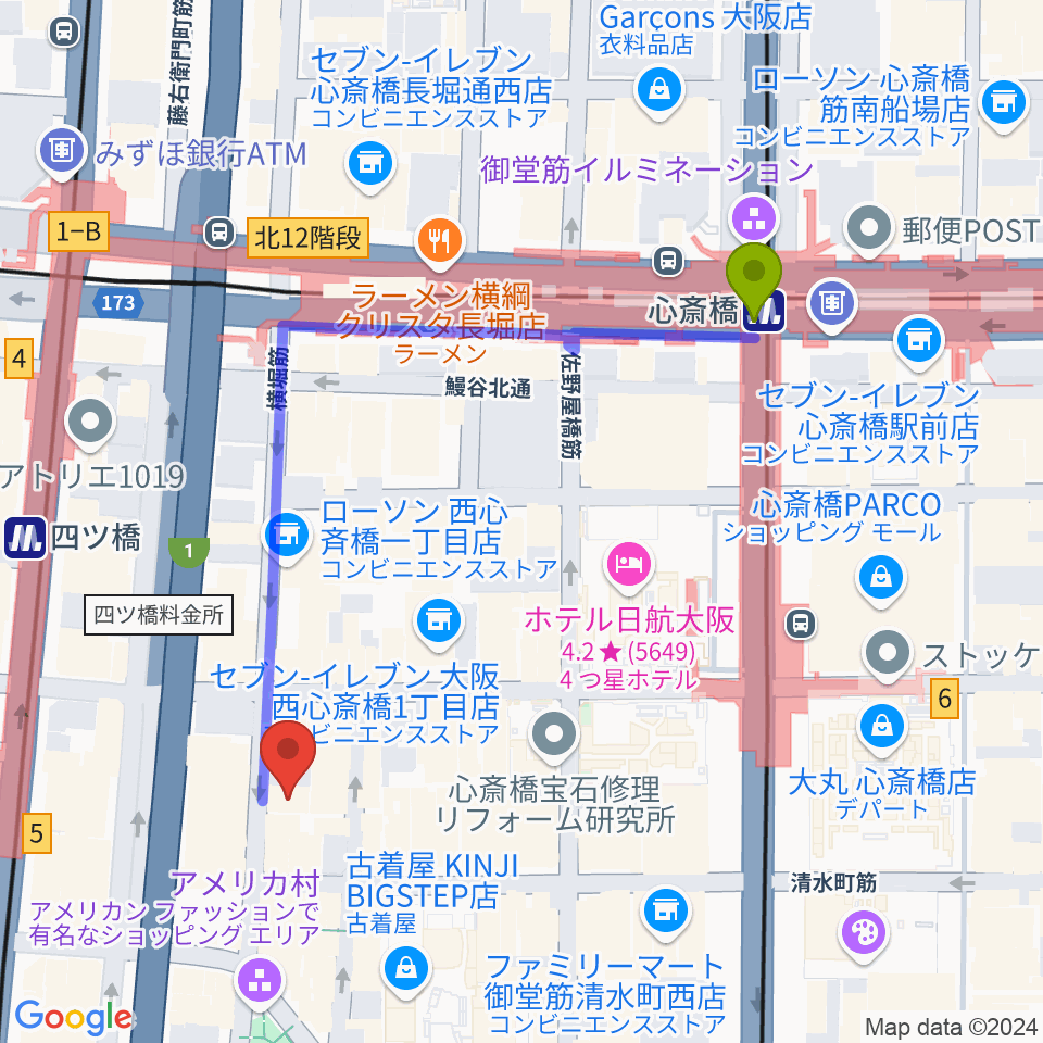 心斎橋駅から心斎橋CLUB CIRCUSへのルートマップ地図