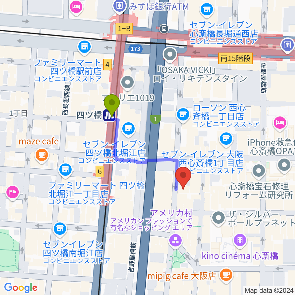 心斎橋CLUB CIRCUSの最寄駅四ツ橋駅からの徒歩ルート（約3分）地図